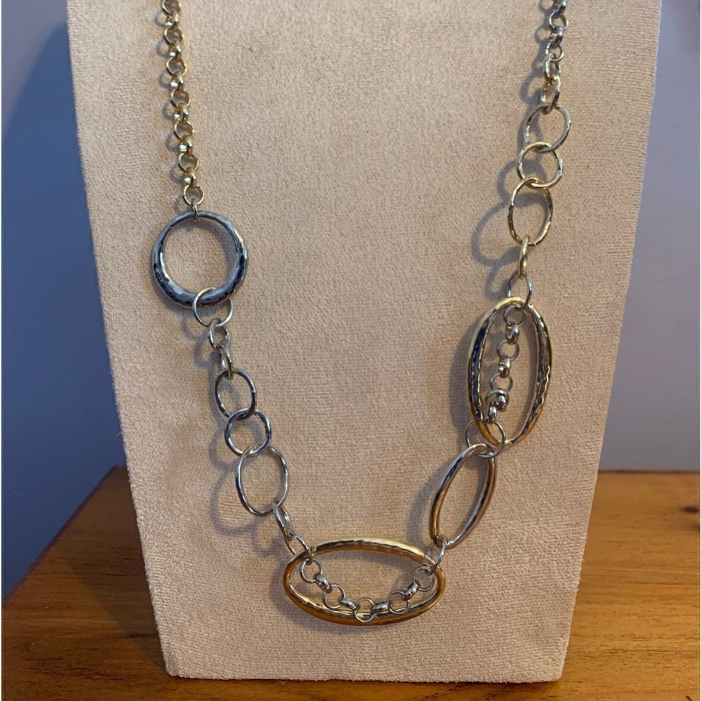 Chico's silver gold long necklace woven spheres